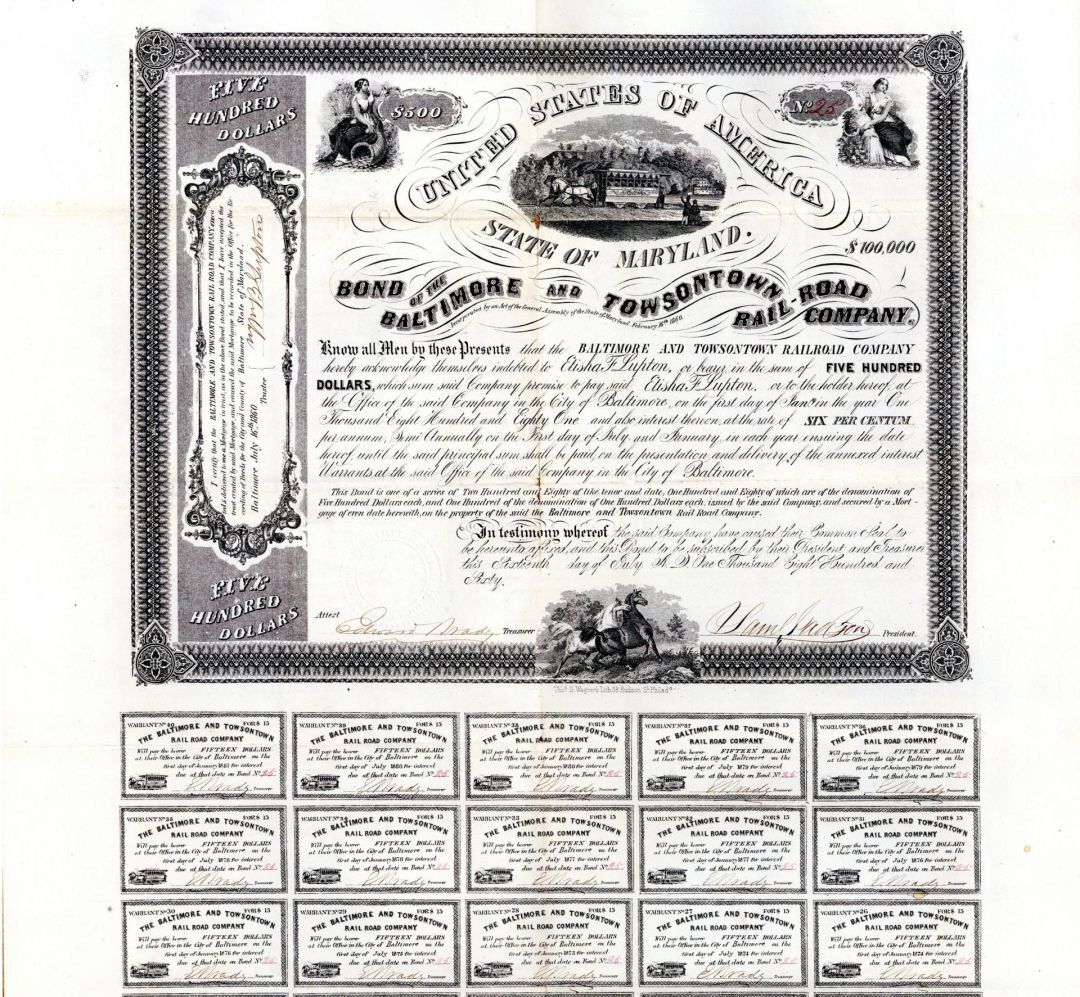 Baltimore and Towsontown Rail-Road Co. - $500 1860 dated Bond - Railroad Bonds