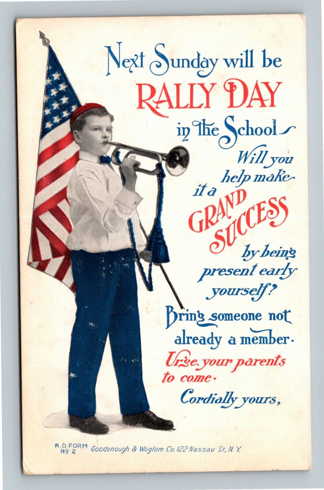 Patriotic-Religious-Boy Blows Trumpet for Rally Day c1910 Vintage Postcard