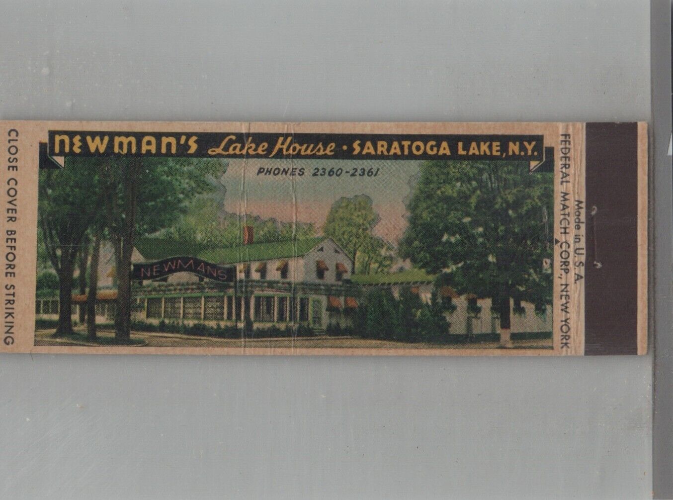 Matchbook Cover 1920s-30's Federal Match Newman's Lake House Saratoga Lake NY