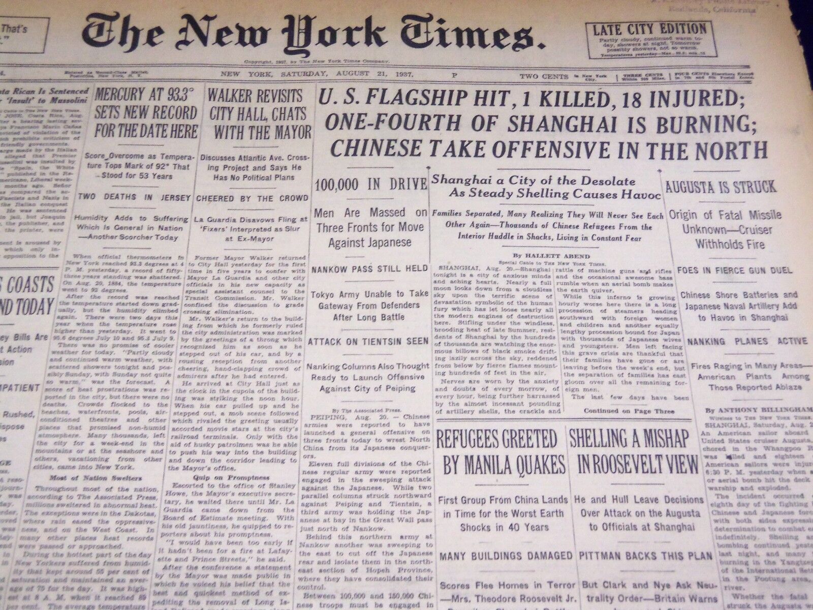 1937 AUGUST 21 NEW YORK TIMES - ONE FOURTH OF SHANGHAI BURNING - NT 3029