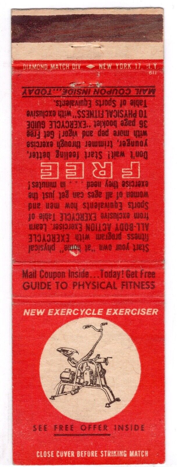 1950s Exercycle Fitness Exercise Stationary Bike MCM Vintage Matchbook Cover
