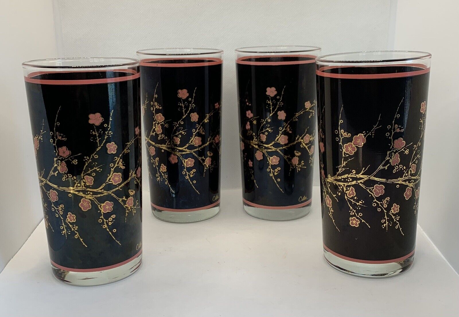 Vintage Cutler Cherry Blossom Highball Drinking Glass Signed MCM Pink Gold Black