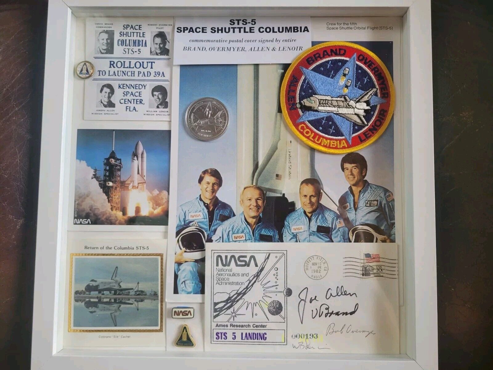 STS-5 Full Crew Signed Mission Cover Display w OVERMYER LENOIR ALLEN BRAND  CERT