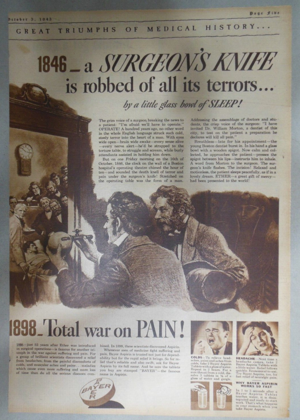 Bayer Aspirin Ad: Discovery of Ether Anesthetic  from 1943 Size: 11 x 15 inches