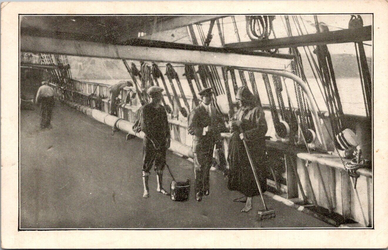 Deckhands w/ Mops on Ship Deck Vtg Antique Boat Photo Postcard 1914 Malone NY