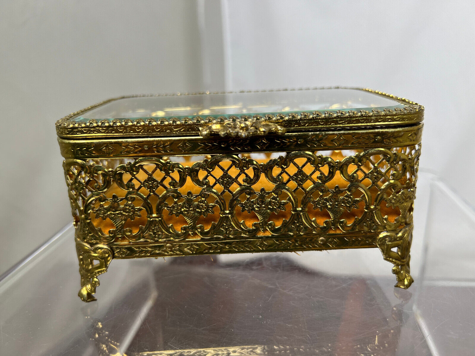 Matson Vintage Jewelry Casket Dresser Box Ormolu-Gold Glass Hollywood Regency