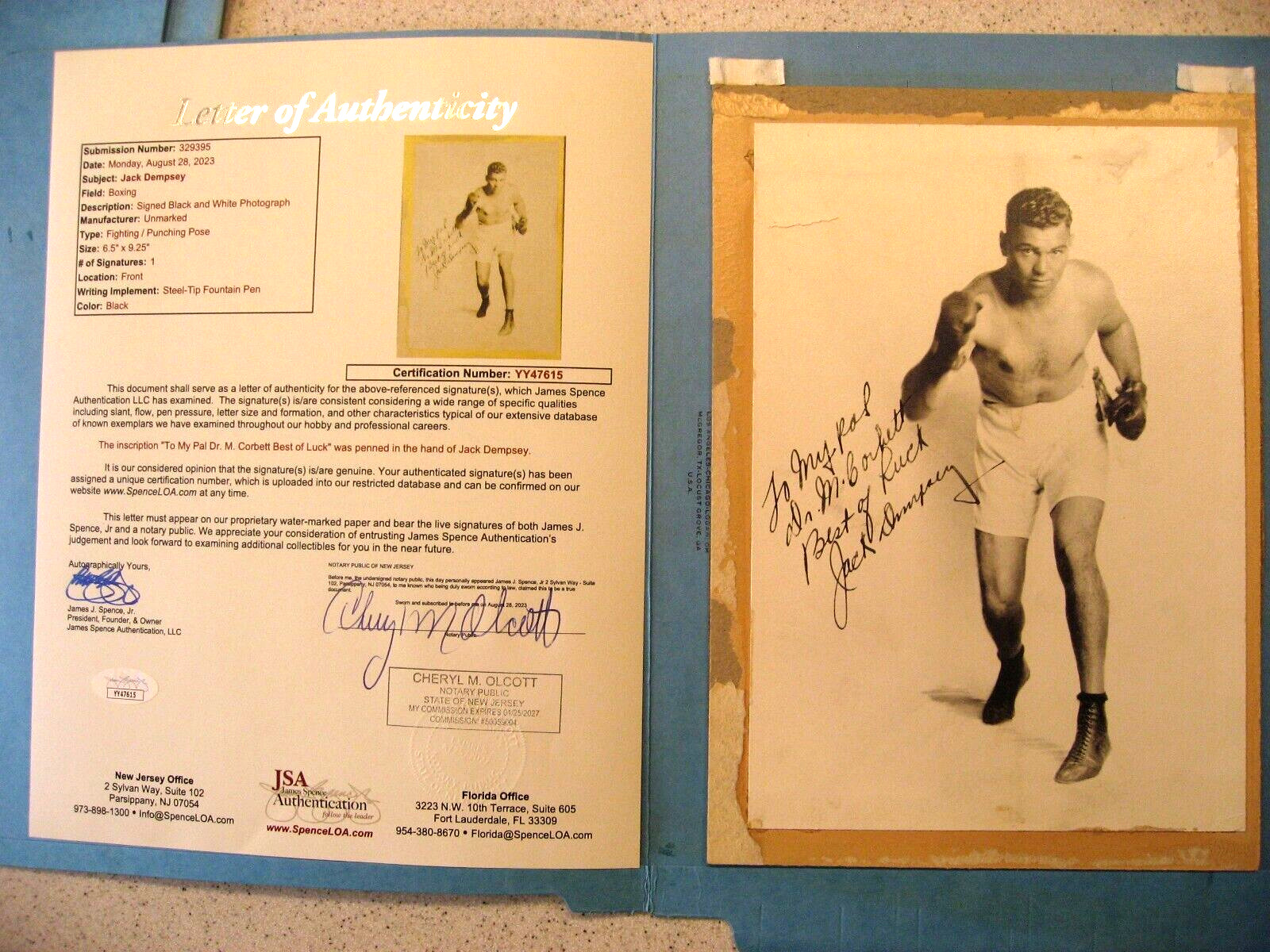 Vtg Boxer Jack Dempsey Autographed B&W Photo with Message JSA Authenticated