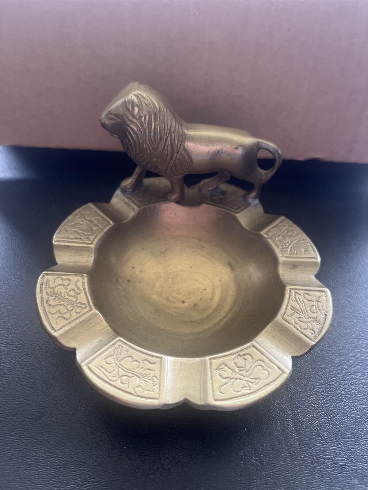 Solid Brass Lion Ashtray Figural Vintage Antique Detailed Trinket Dish