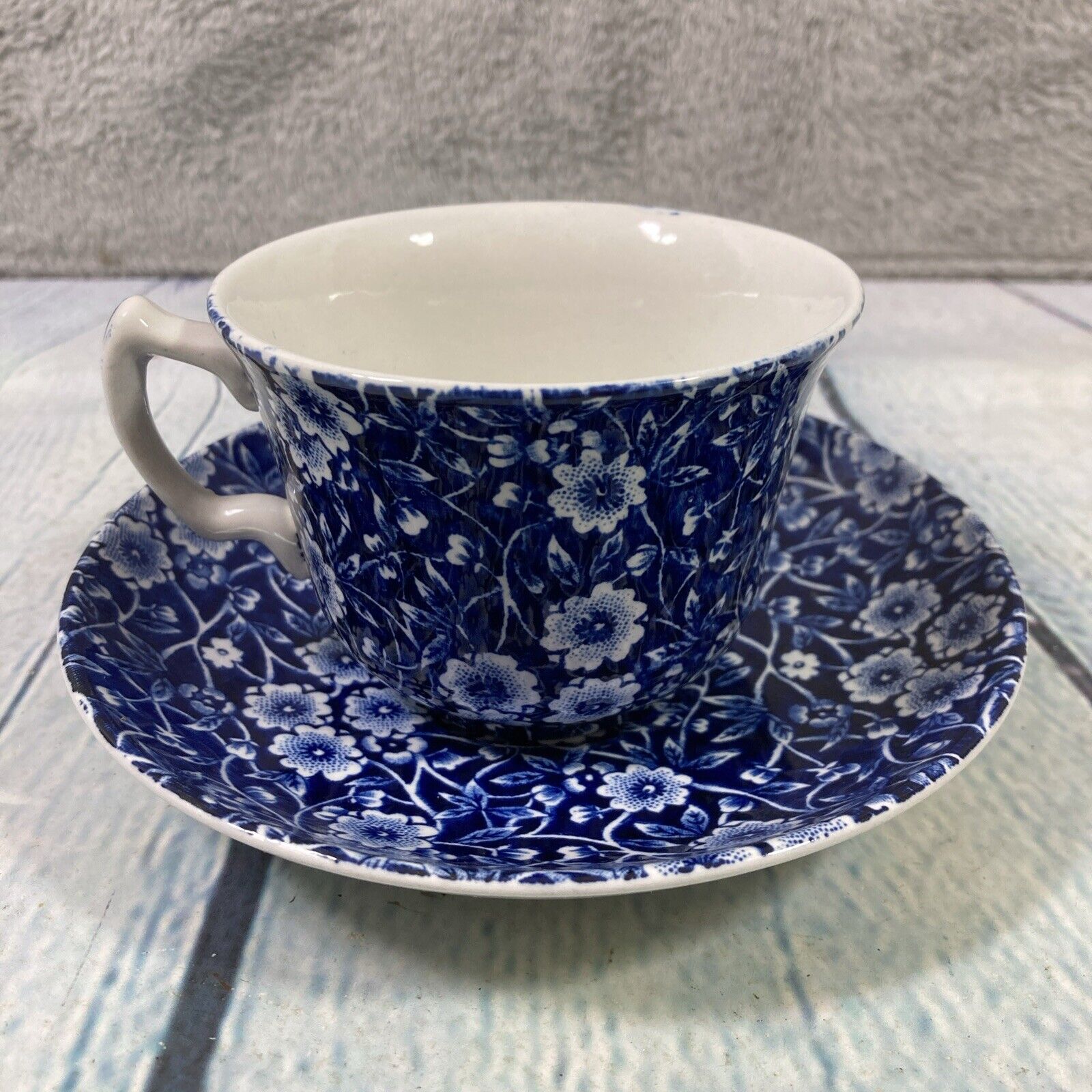Calico Flat Cup and Saucer Blue White Tea Coffee Flowers Made in England / L1