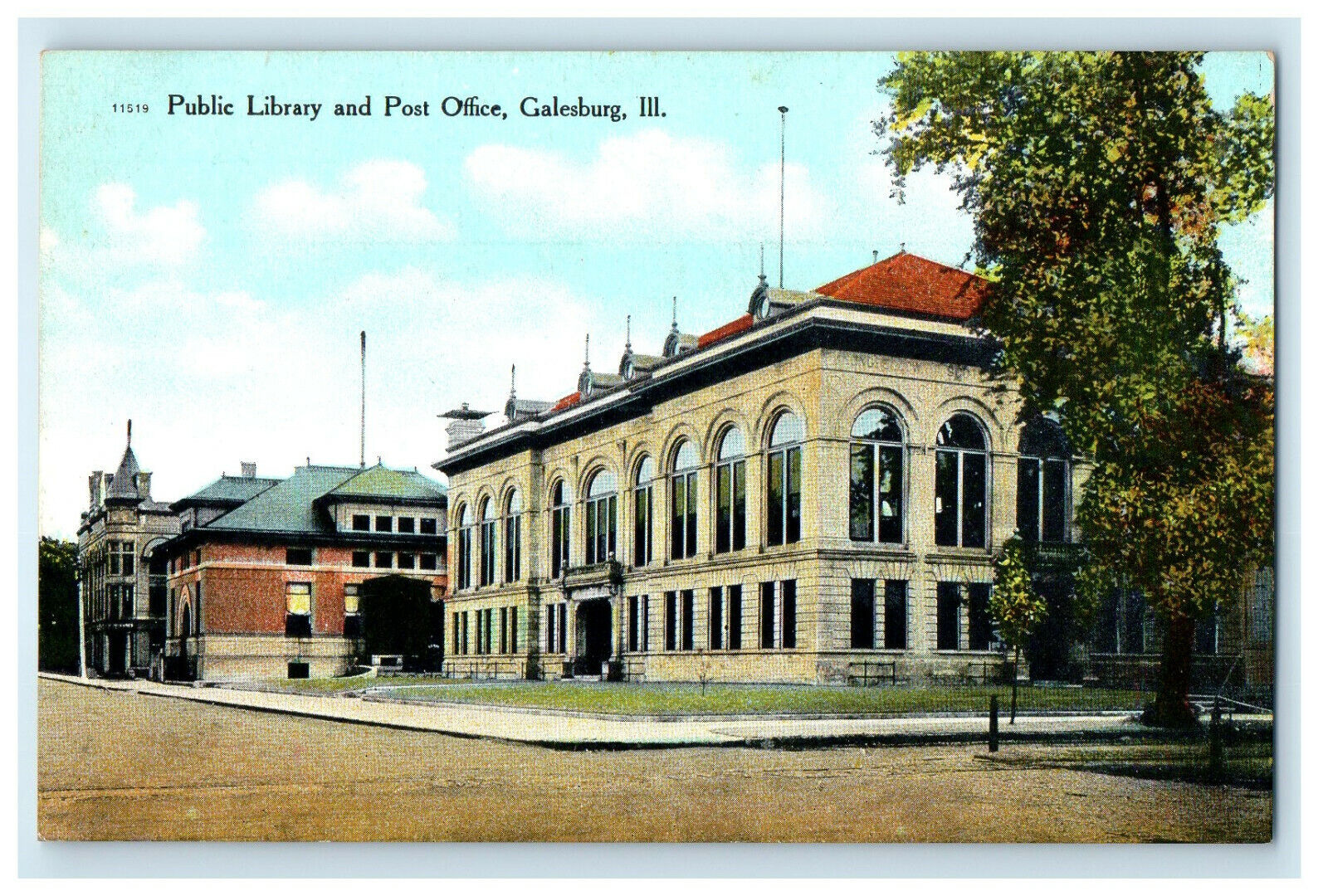 c1920 Public Library and Post Office Galesburg Illinois IL Unposted Postcard