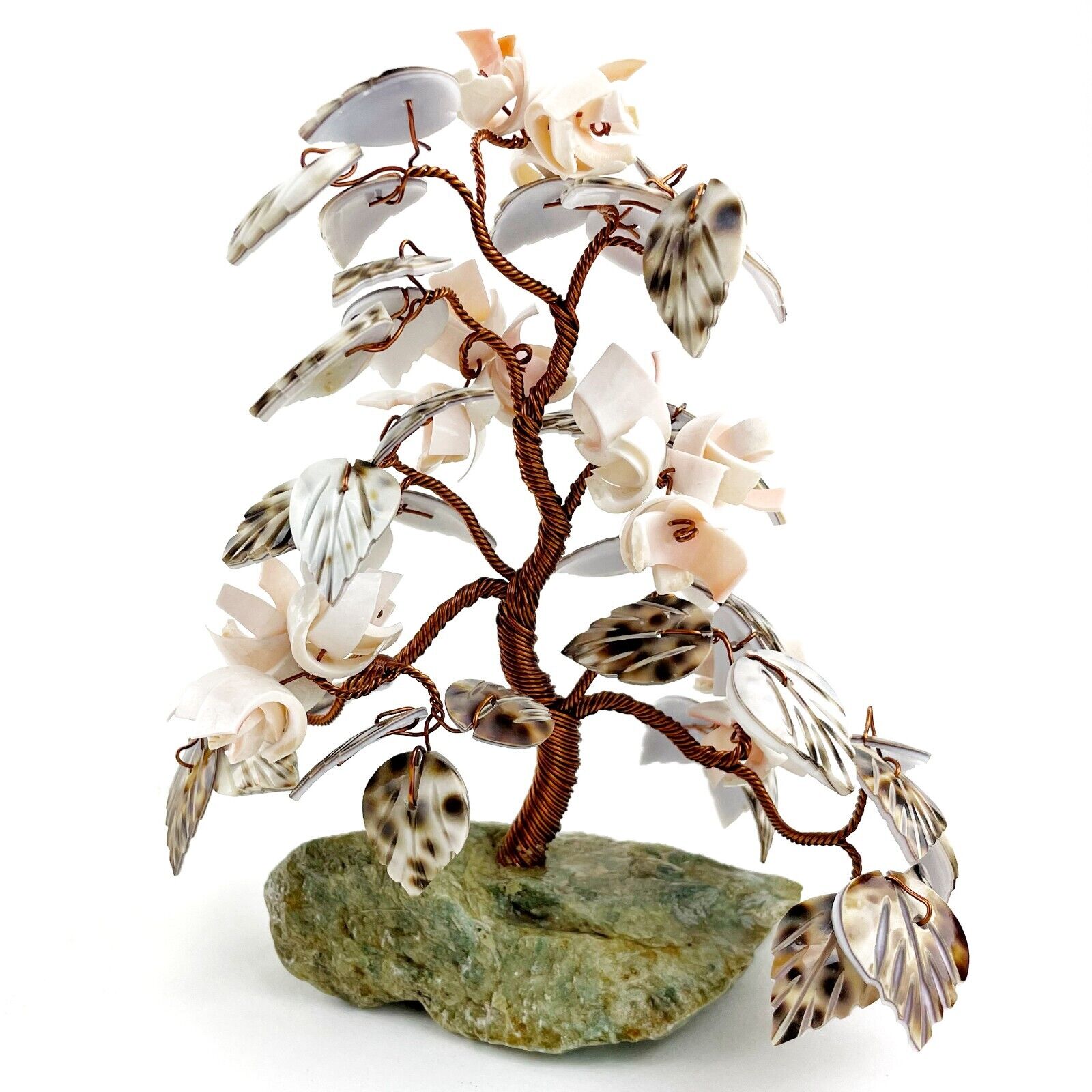 Vintage Copper Wire Bonsai Tree Sculpture Seashells on Aventurine Stone Rock 7\