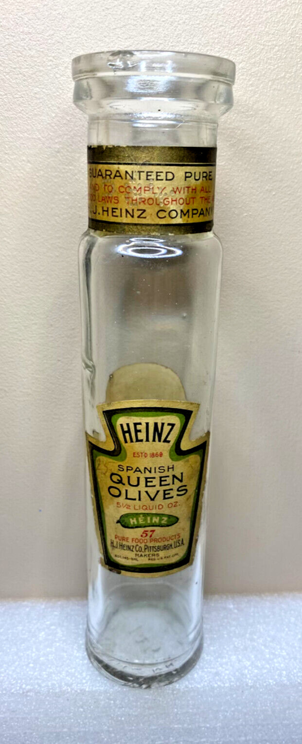 Antique Heinz Spanish Queen Olives Glass Bottle #145 w/ Labels 1913-1930