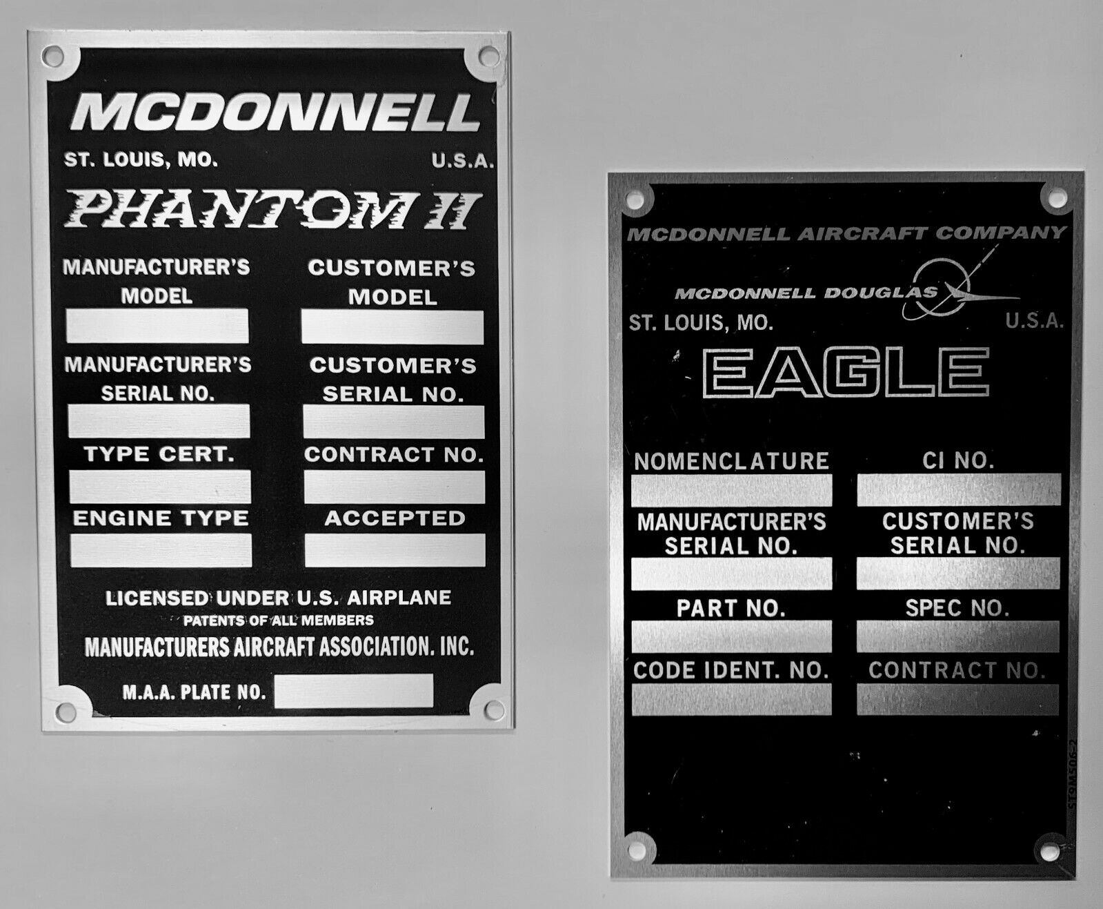 Two (2) Reproduction Data Plates from Iconic McDonnell Aircraft Co Jets GRP-0140