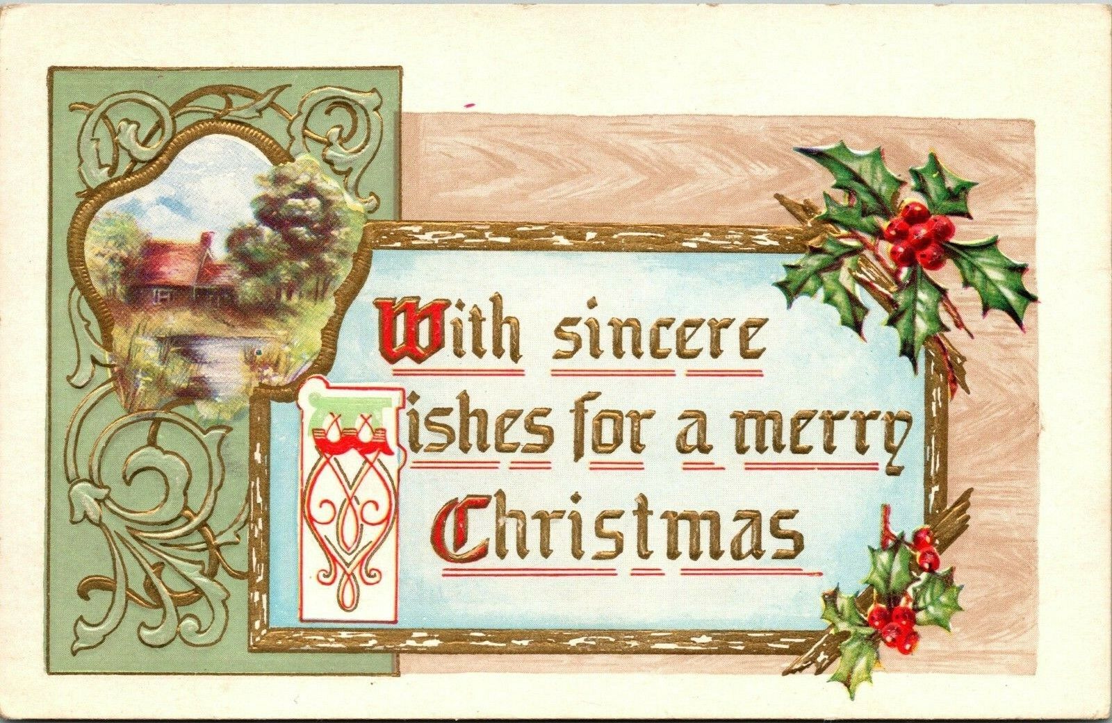 VTG 1910\'s Cottage Cabin Lake Holly Leaves Gold Trim Merry Christmas Postcard