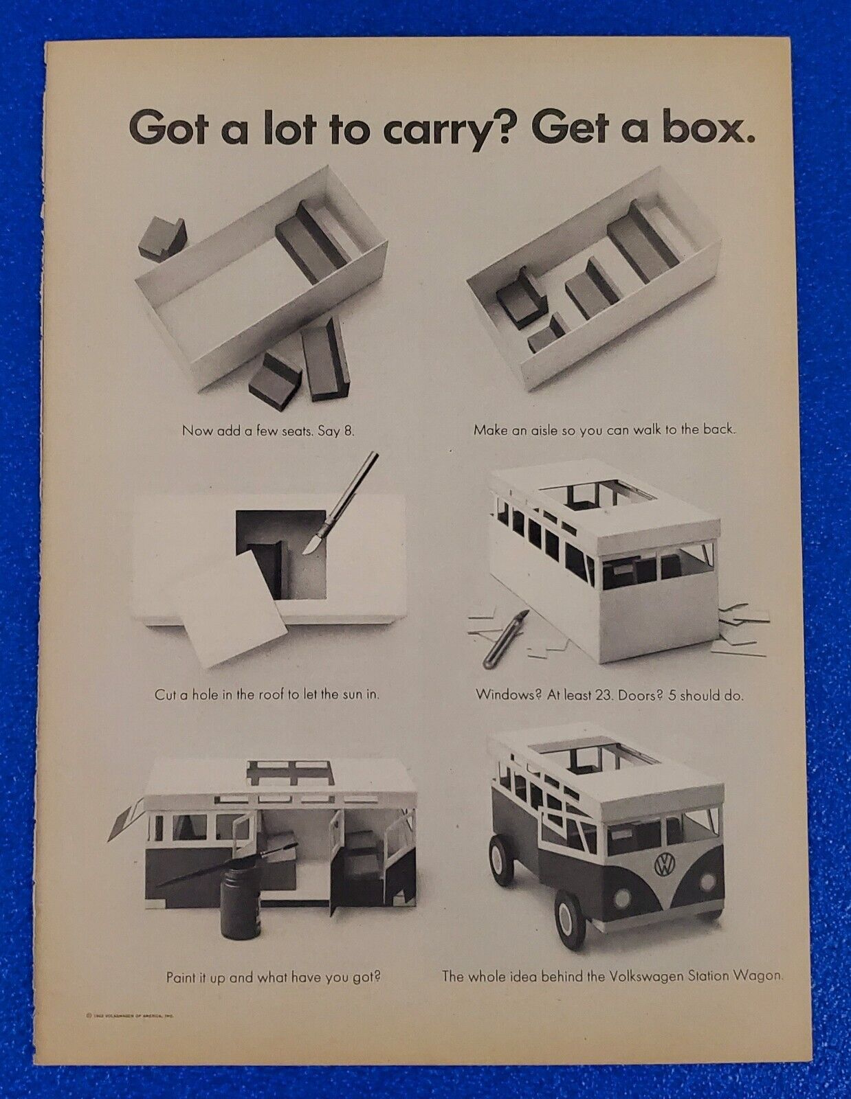 1962 VOLKSWAGEN BUS/STATION WAGON CLASSIC 21 WINDOW ORIGINAL PRINT AD GET A BOX