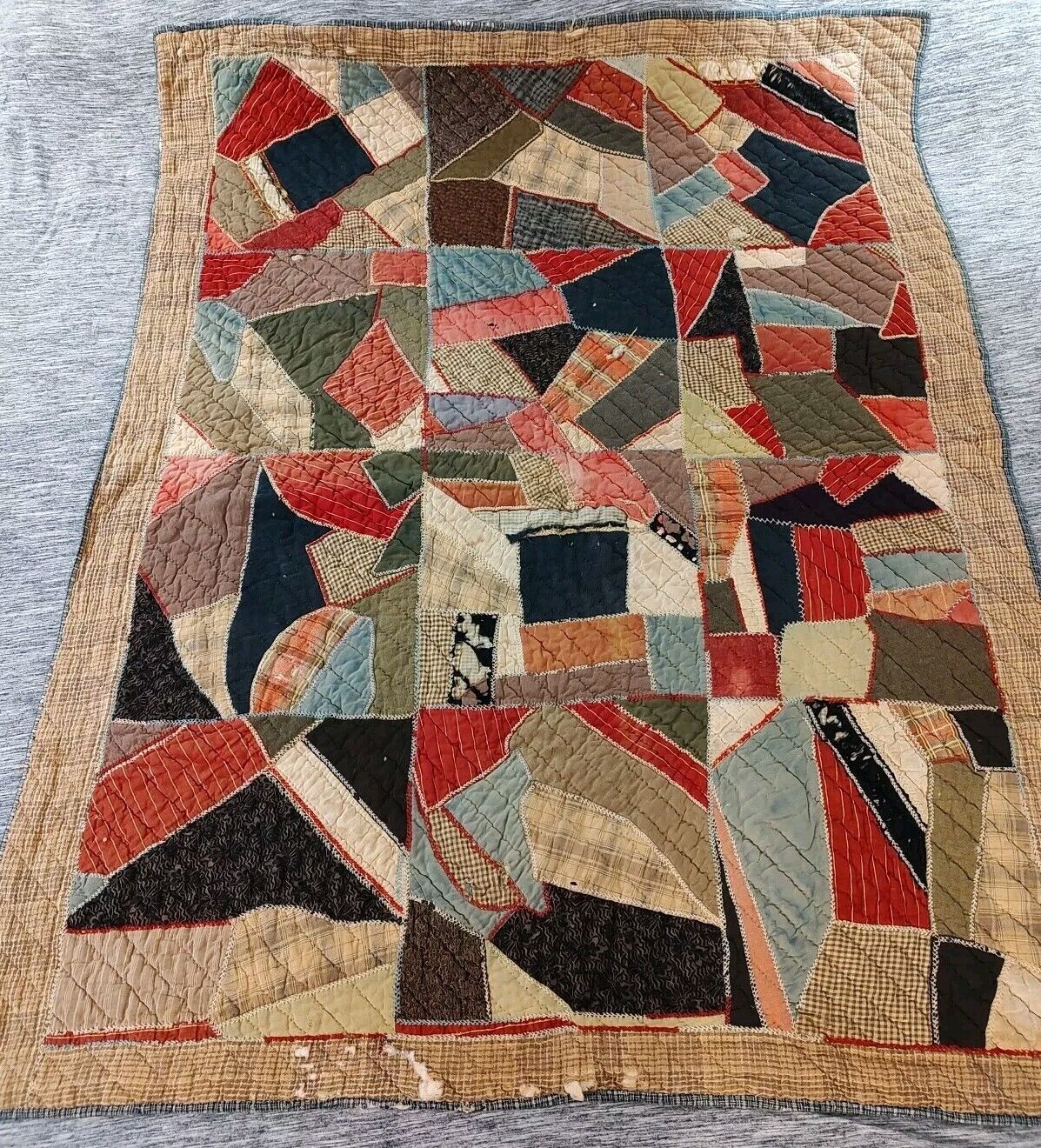 Vintage Antique 1800s Hand Stitched Patchwork Quilt-in-a-quilt Wool Cotton 65X51