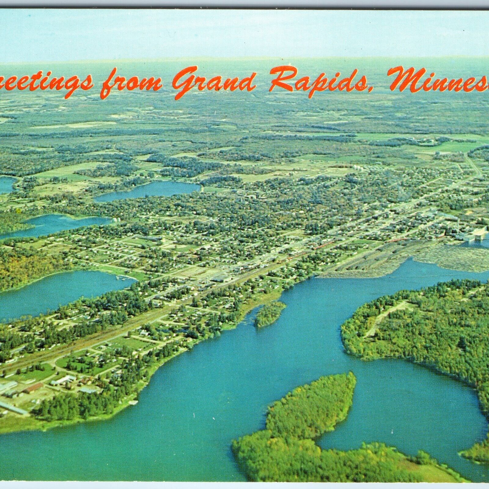 c1960s Grand Rapids, Minn. Greetings Birds Eye Aerial Mississippi River Vtg A236