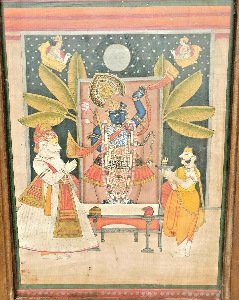 Old Vintage Beautiful Hand Paper Painting Of God Vishnu / Krishna Wooden Frame
