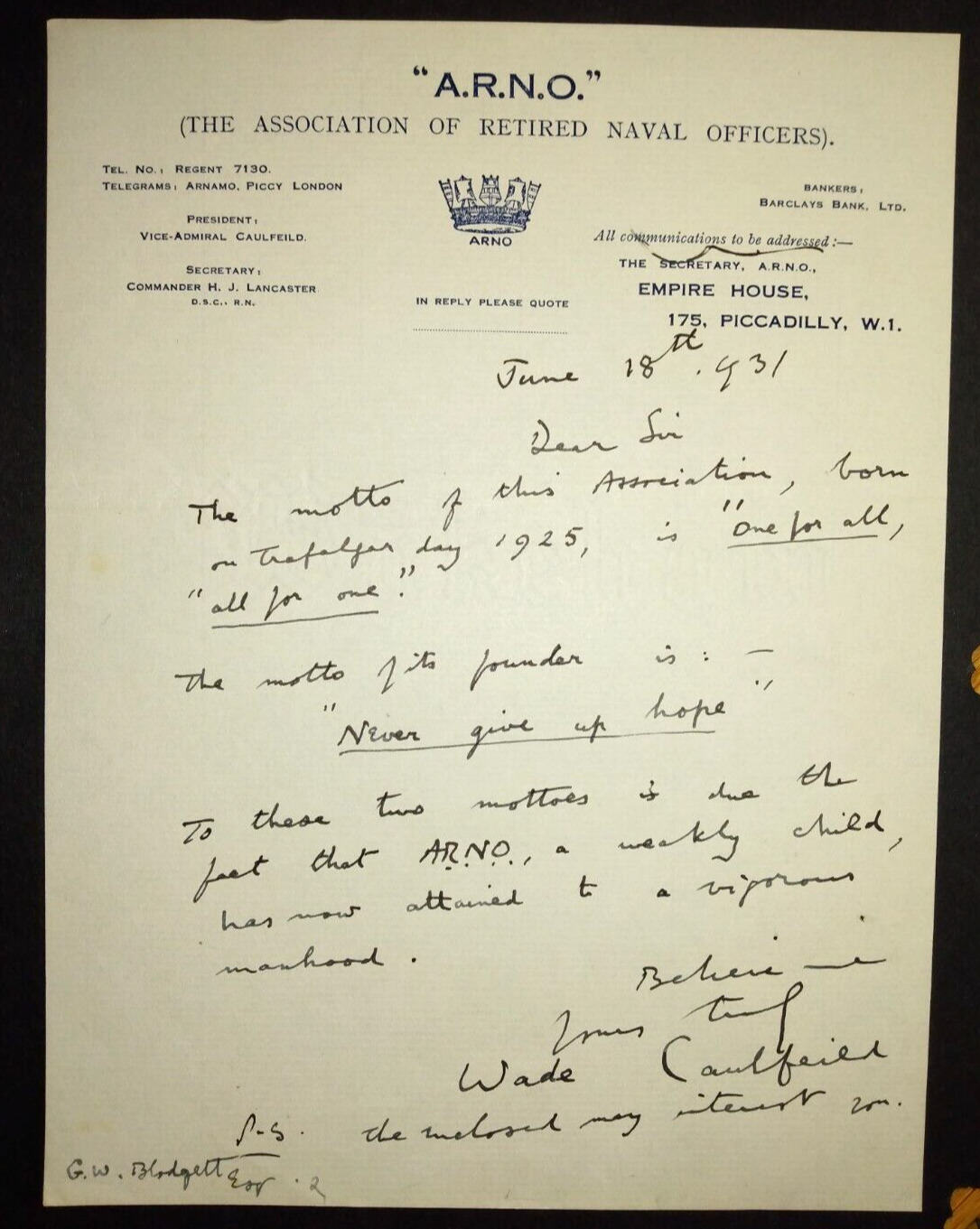 Admiral Francis Wade Caulfeild (1872-1947) Autograph - Signed Letter