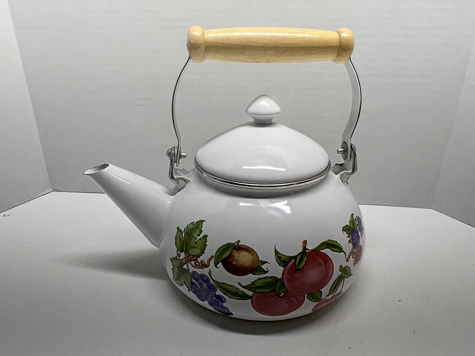 Vintage Enamel Tea Water Kettle Hand Painted Fruit Large Stovetop Cream Wood