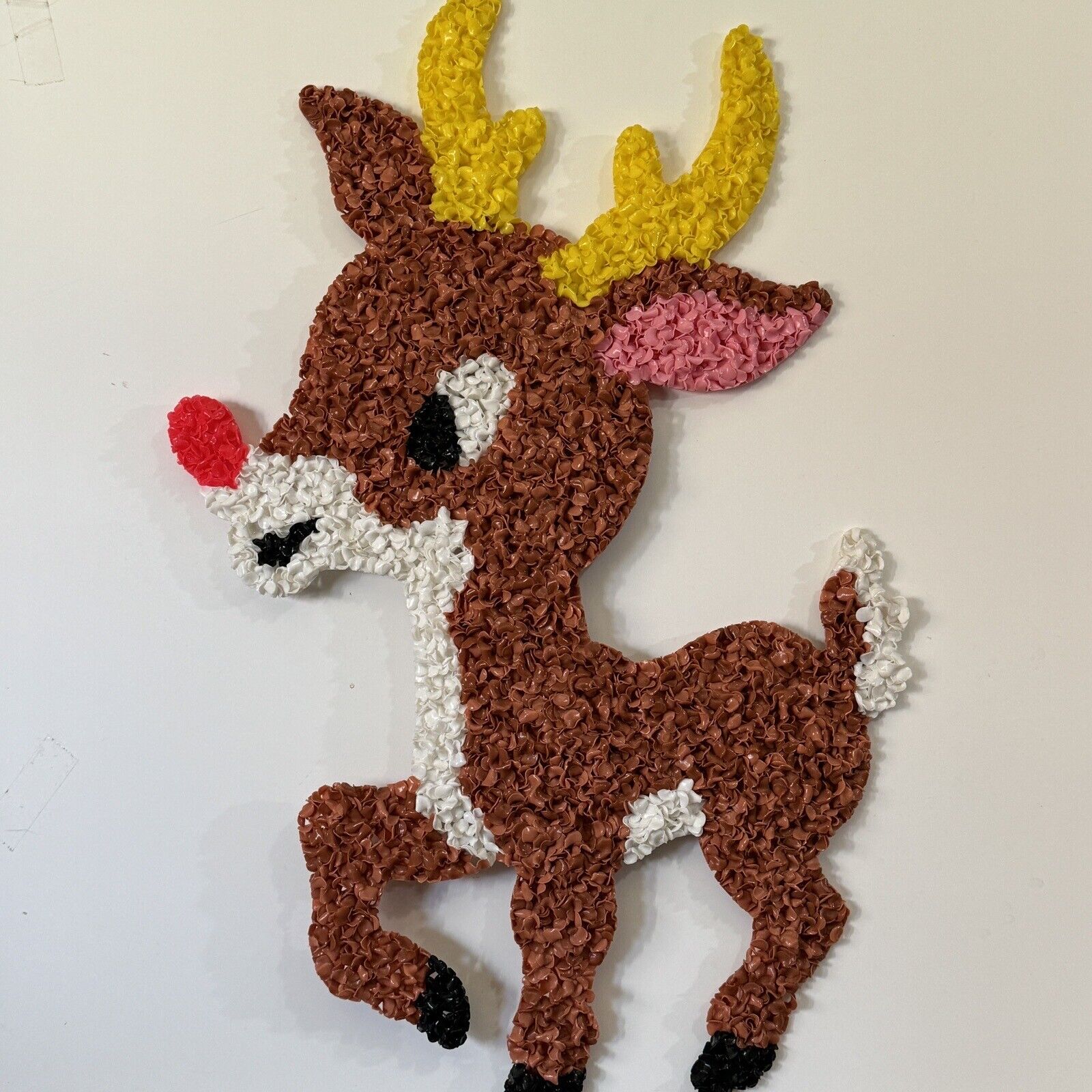 Vintage Rudolph Red-Nosed Reindeer melted popcorn plastic Christmas decoration