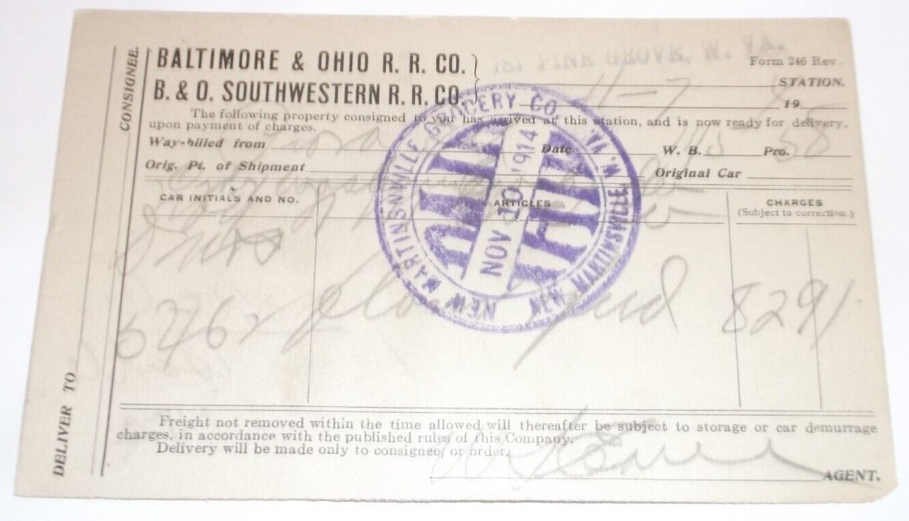 1914 B&O BALTIMORE & OHIO DELIVERY NOTICE PINE GROVE WEST VIRGINIA RPO