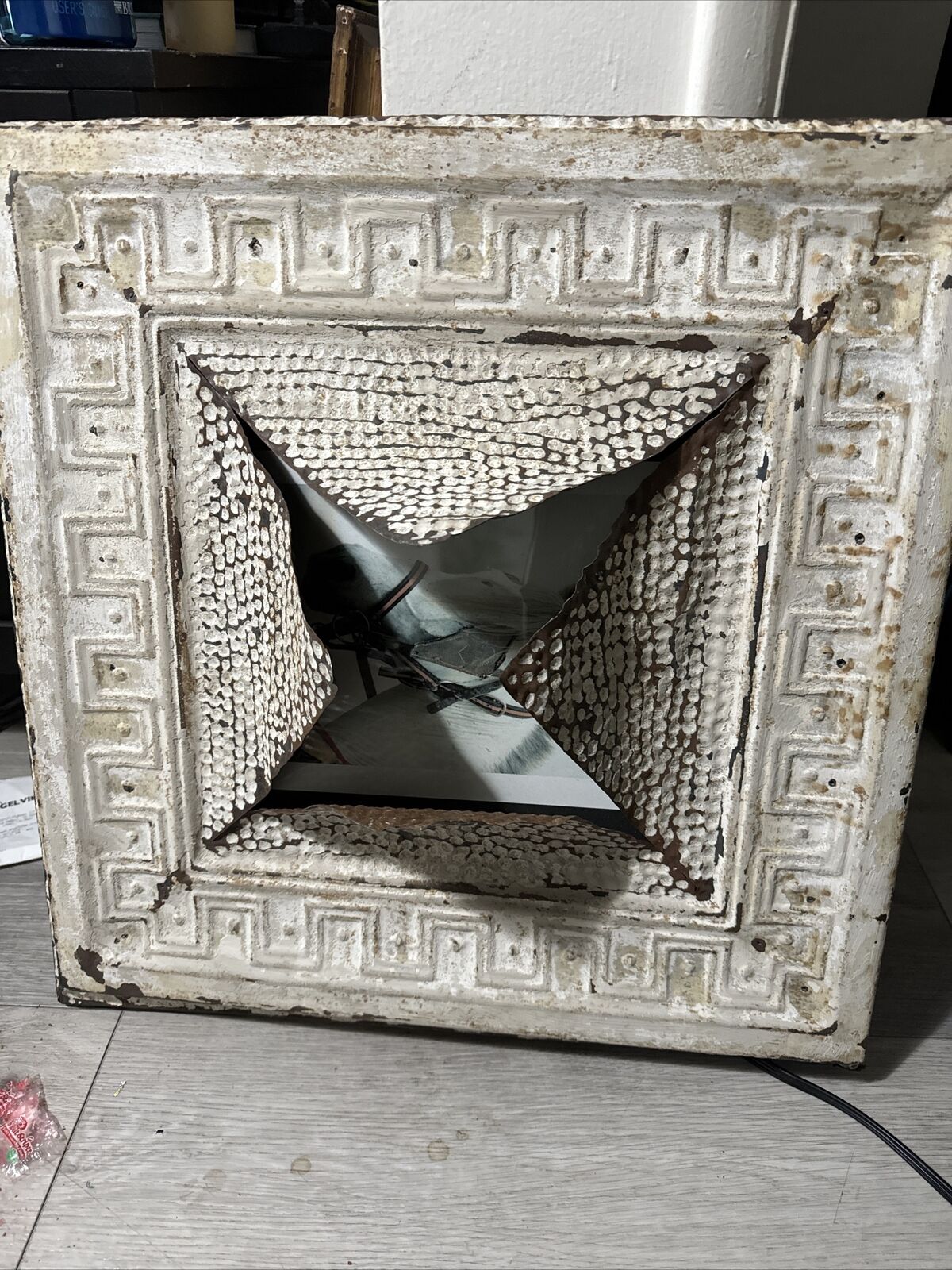Must See White Washed Metal One Of A Kind Picture Frame .Incredibly Unusual.