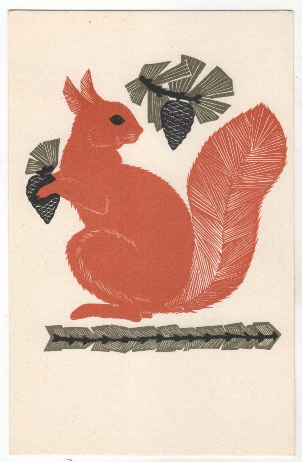 1972 SQUIRREL & Nut Decorative drawing PAINTING FOLK Animals RUSSIA POSTCARD Old