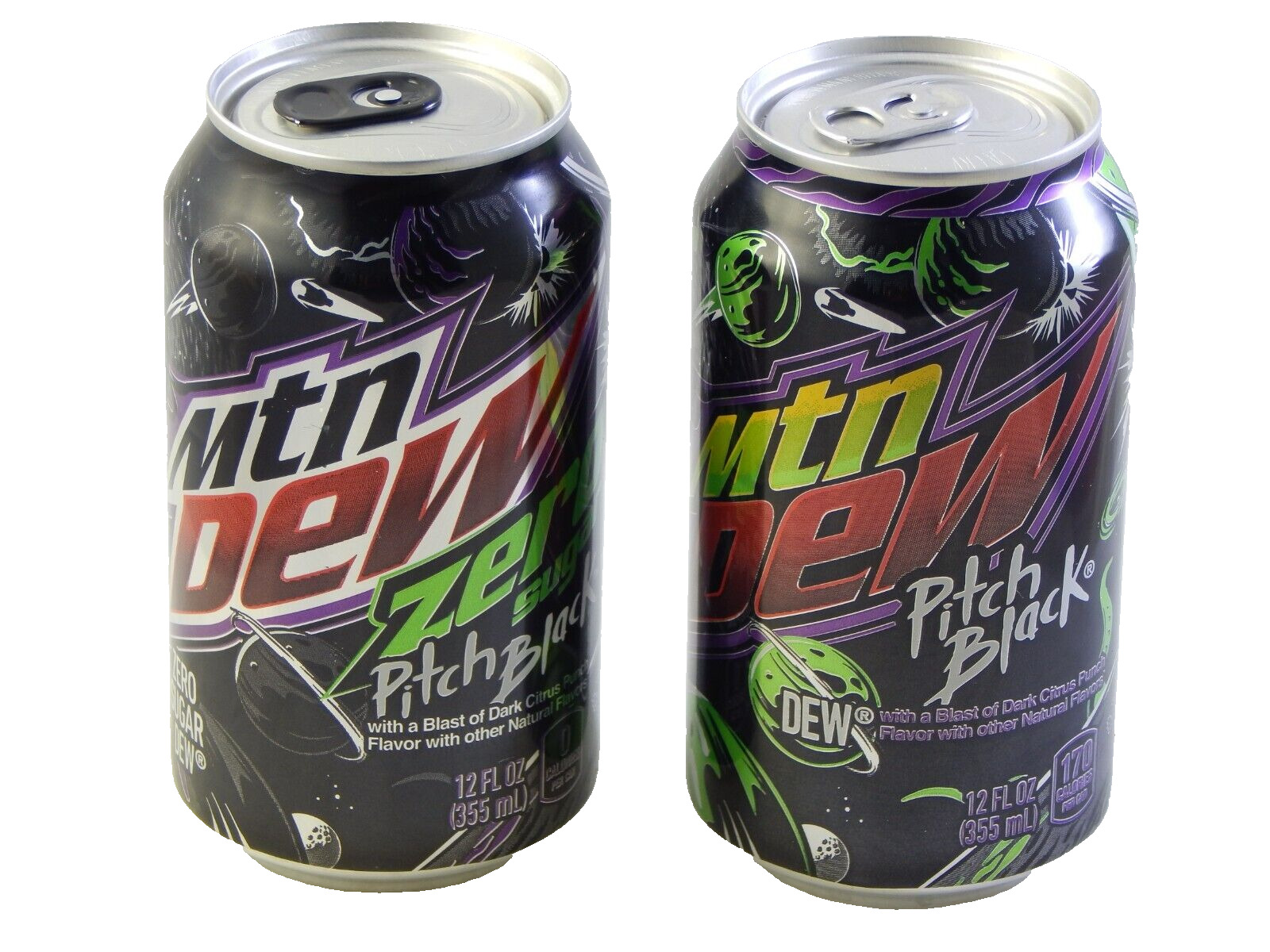 Mountain Dew Pitch Black & Zero Sugar 12 Oz Can MTN 2 Pack Discontinued FREE S&H