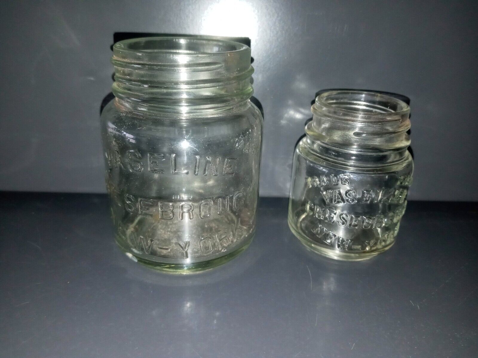 Vintage Chesebrouch Vaseline Embossed Jars New York Lot of 2