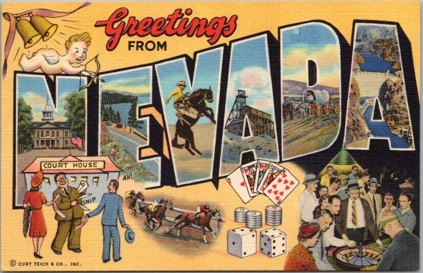 NEVADA Large Letter Postcard Gambling & Divorce Scenes / Curteich Linen / c1941