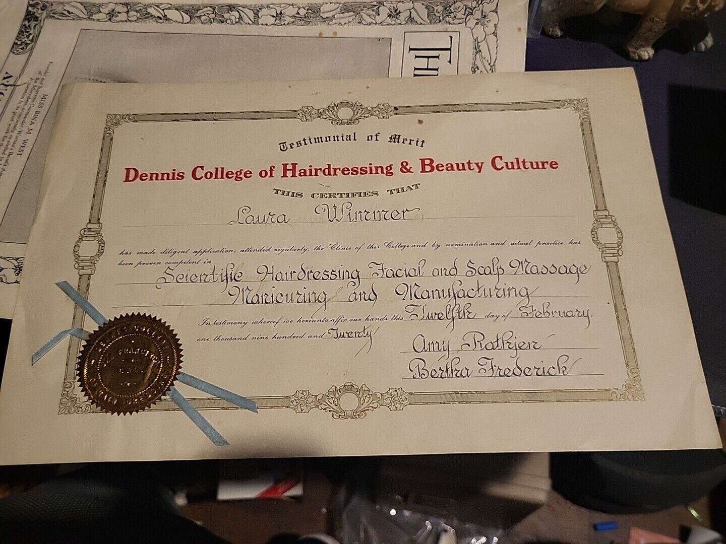 Vintage  1920s Cosmology Certificate Dennis College