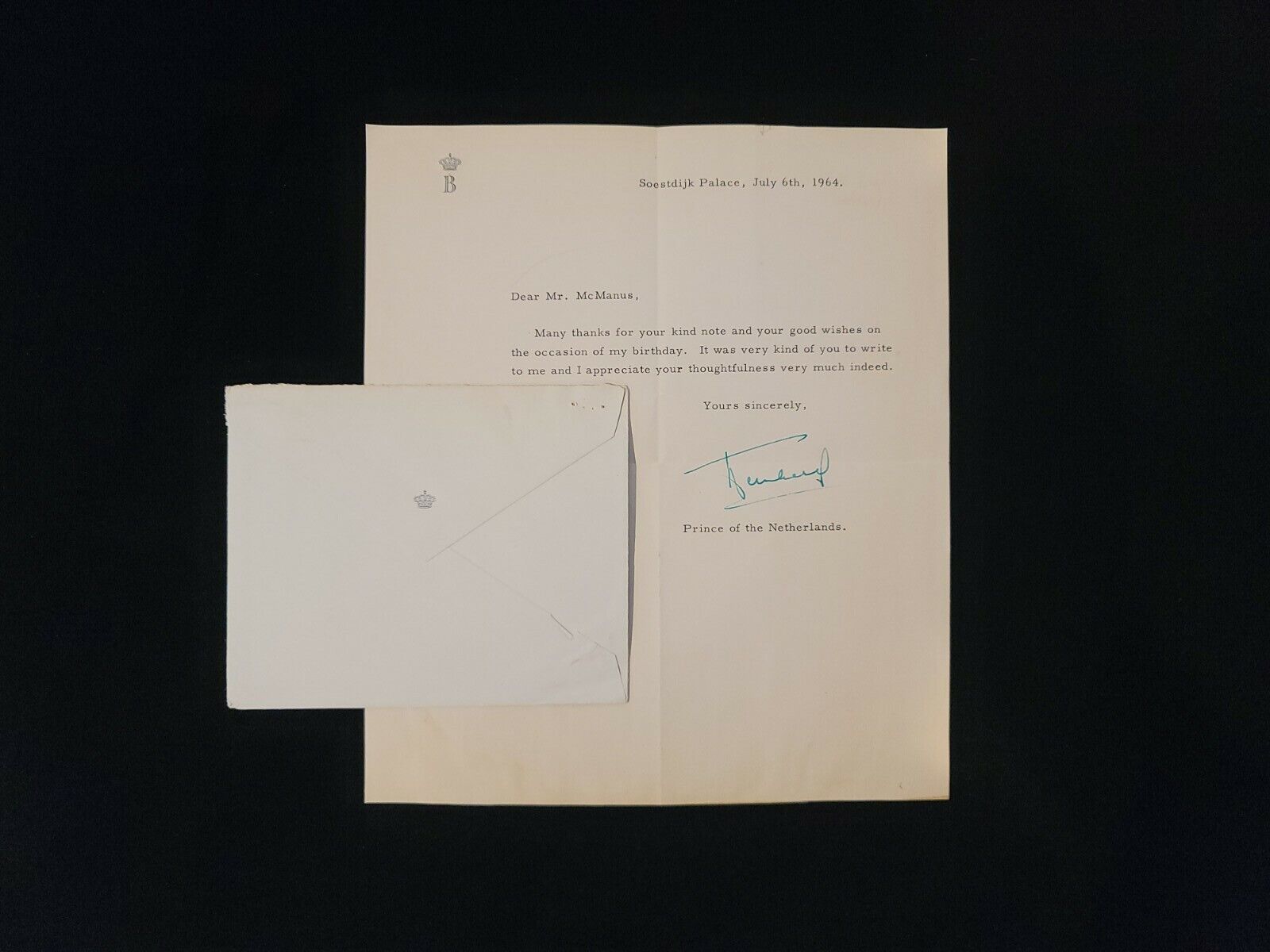 Rare Royalty Prince Bernhard Netherlands Signed Royal Document Letter Autograph 