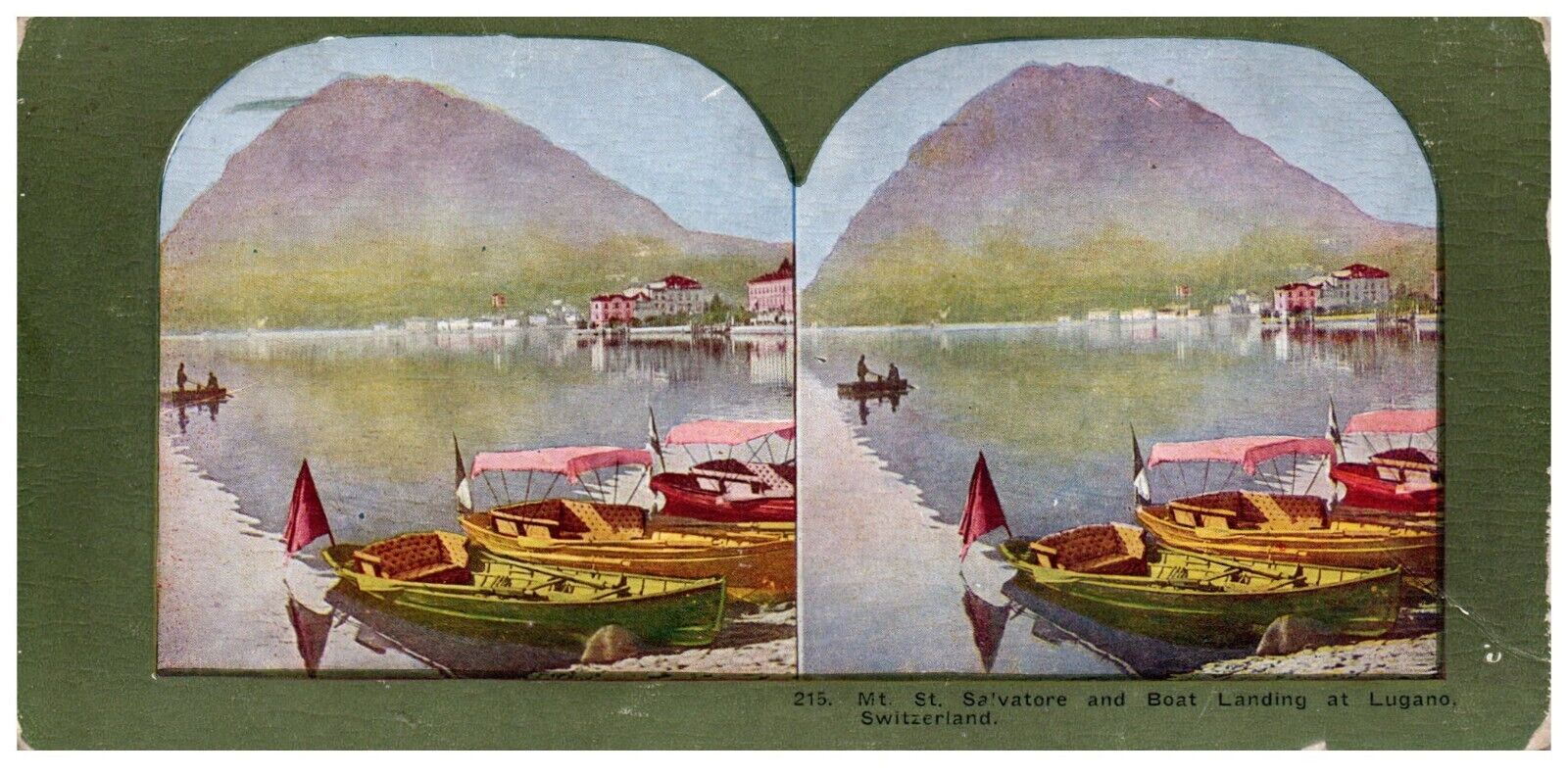 Stereoscope Mt St Salvatore & Boat Landings Lugano Switzerland Card 215