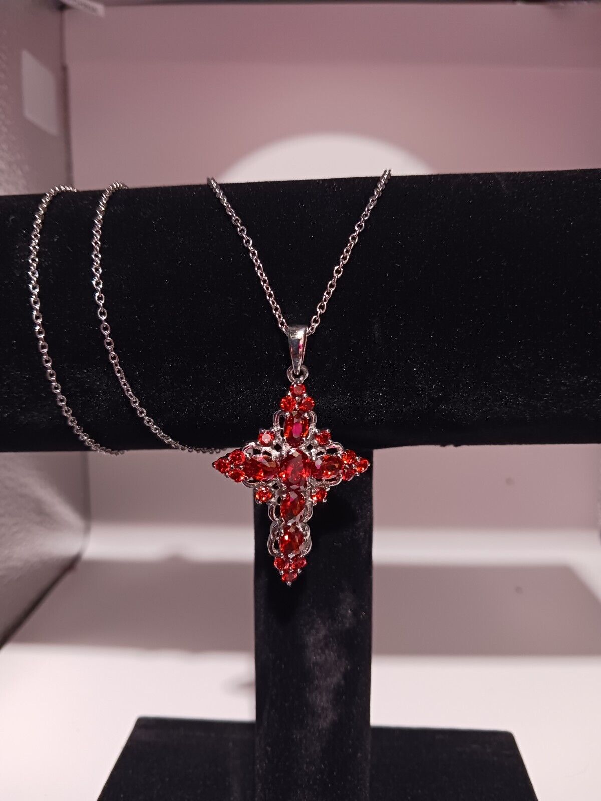 STAINLESS STEEL  SIMULATED  GARNET(cz)  CROSS PENDANT WITH 20 INCH  CHAIN