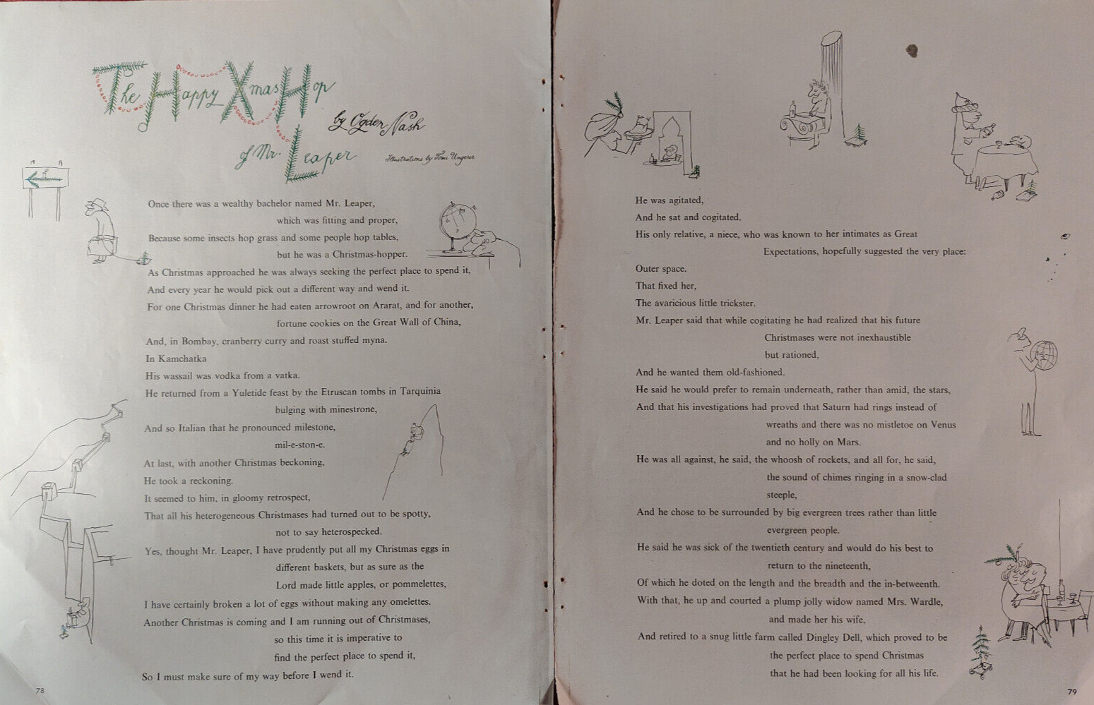 1959 Holiday Original Illustrated Poem OGDEN NASH Happy Xmas Hop of Mr Leaper