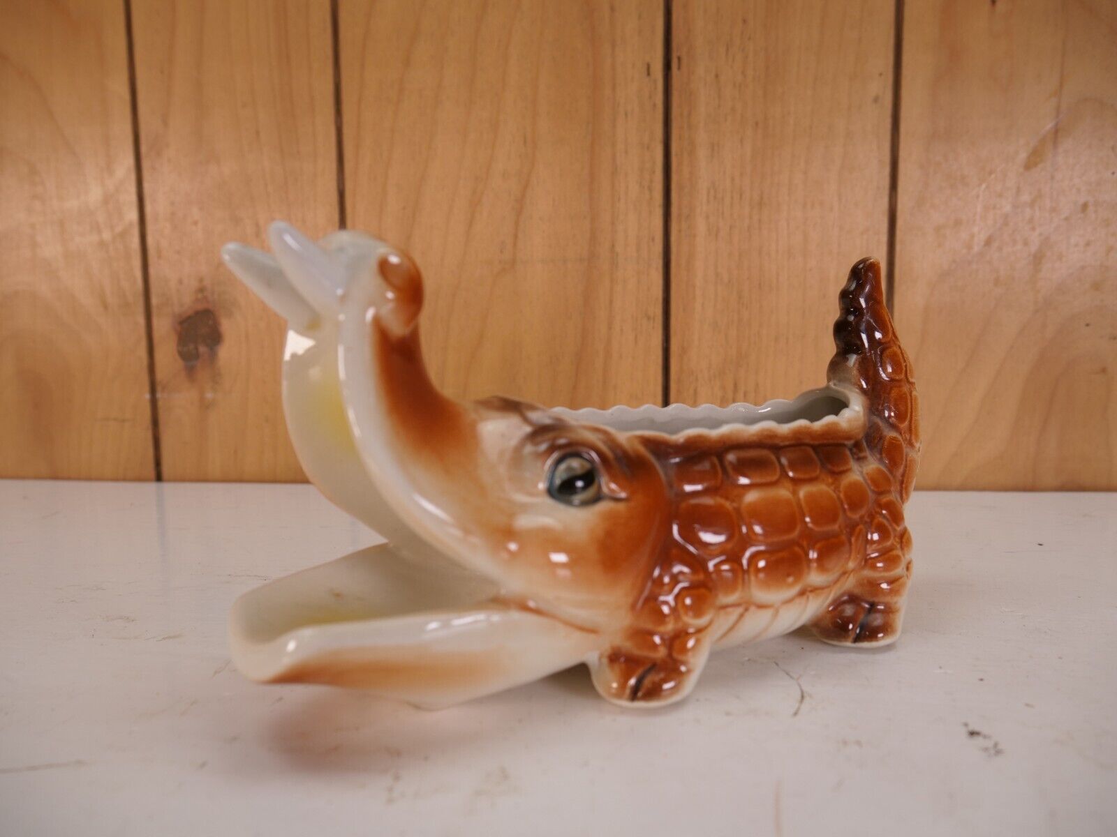 Vintage Alligator Crocodile Toothy Planter Ceramic Glazed Japan Wide Mouth EVC