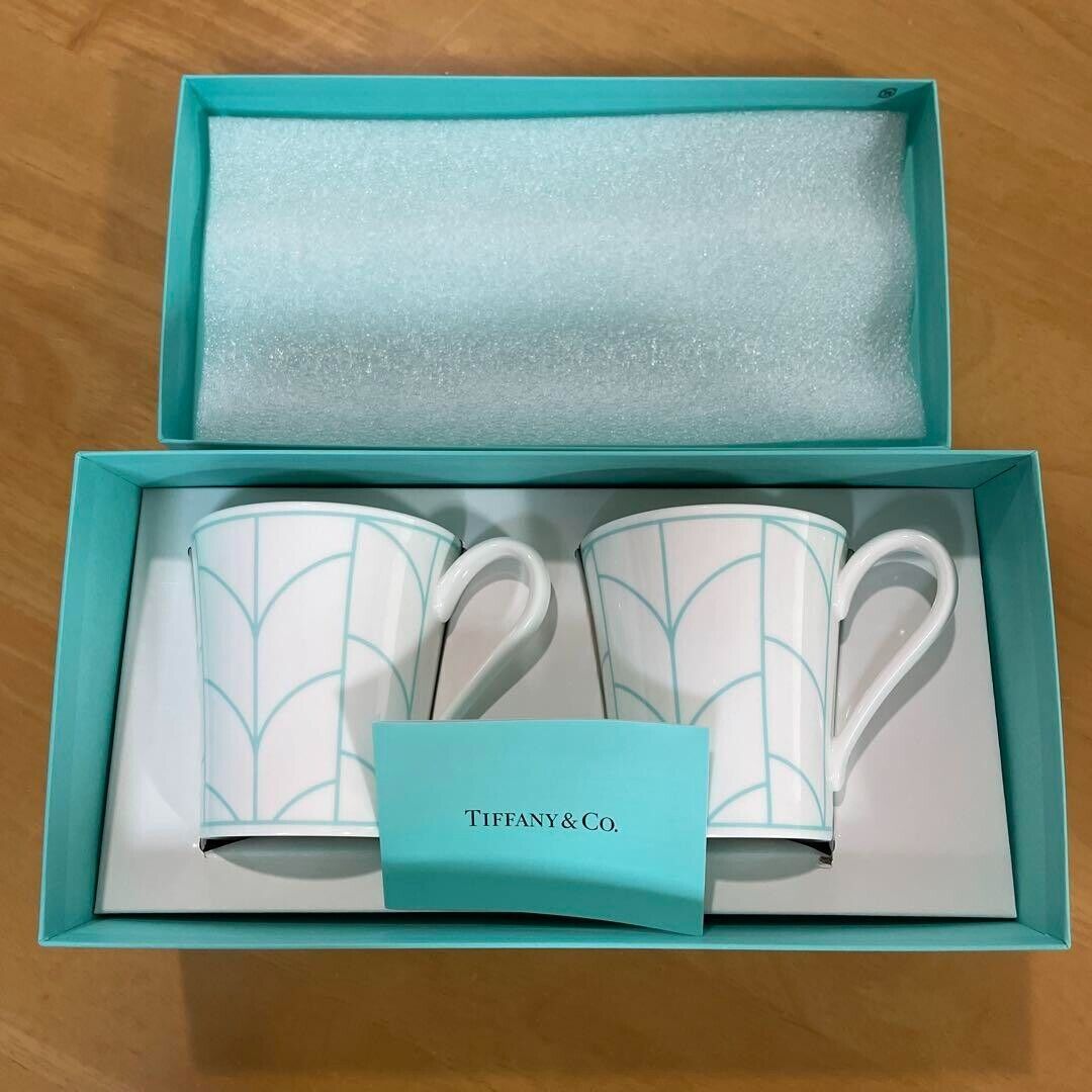 Tiffany & Co. Pair Mug Cup Lot of 2 cups set White Leaf Collection Box From JP