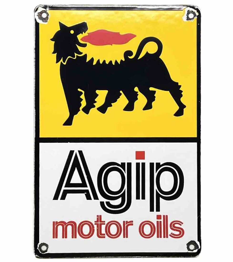 VINTAGE AGIP MOTOR OILS PORCELAIN SIGN RACE CAR PUMP PLATE PIT STOP OIL PETROL