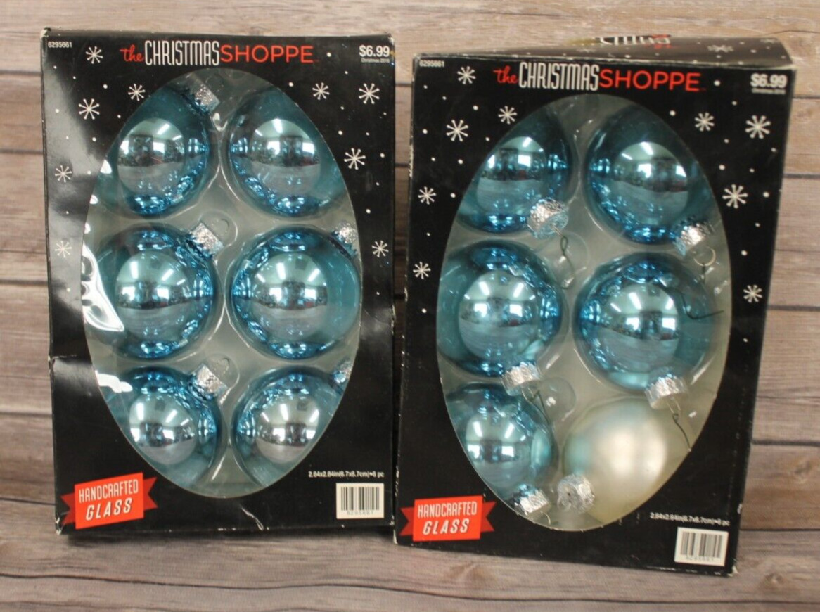 2011 The Christmas  Shoppe Glass Ornaments Set of 12 Light Blue Glossy Off White
