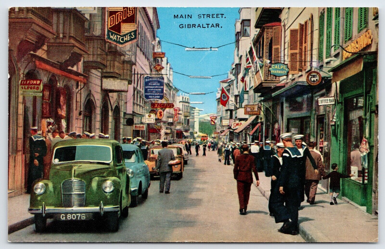 Postcard Main Street Store Fronts Sailors Old Cars Gibraltar Unposted