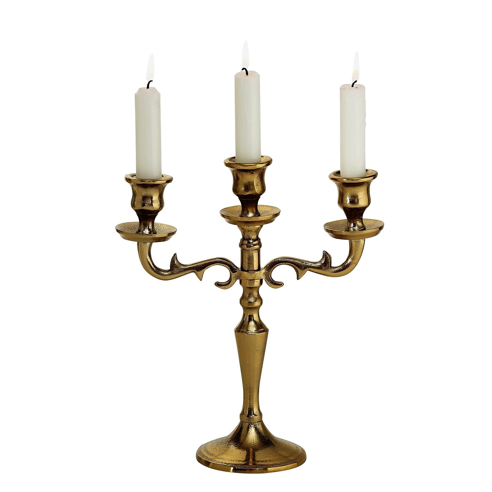 Hamptons Three Arm Gold Candelabra, Hand Crafted of Aluminum, 10.25 Inches Hi...