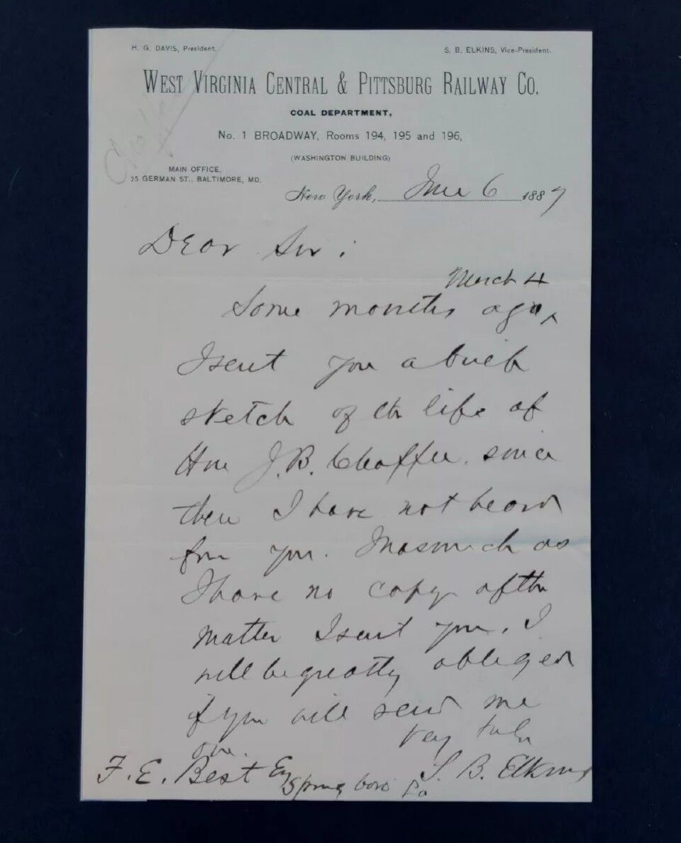 1887 Stephen Elkins Autograph Sec of War Civil War Union Army Captain Signature