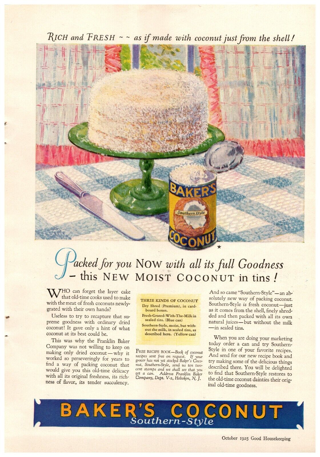 1925 Baker's Coconut Vintage Print Ad Rich And Fresh Cake Southern Style 
