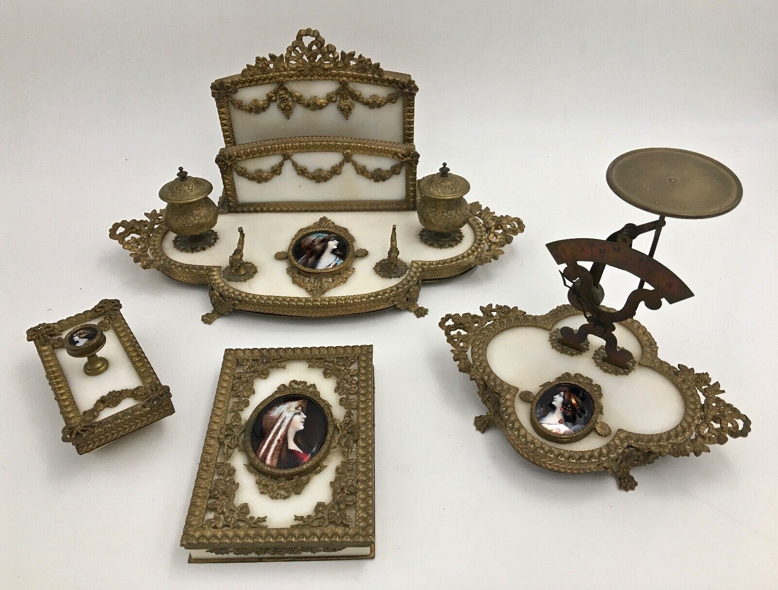 19th Century French Empire Marble and Enameled Portrait Gilt Desk Set  