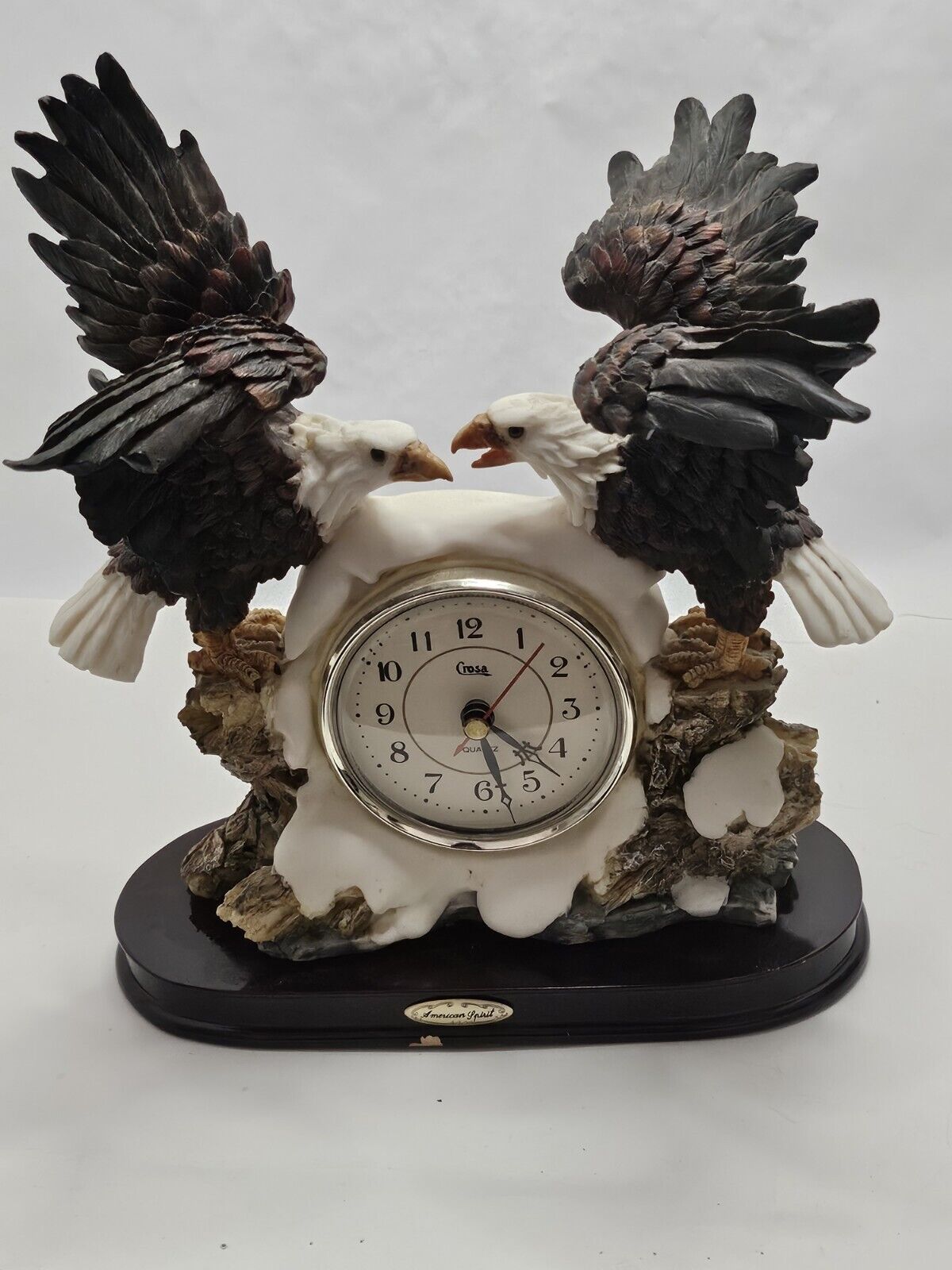 Gorgeous Vintage American Spirit Bald Eagles Quartz Clock Figurine Works Great