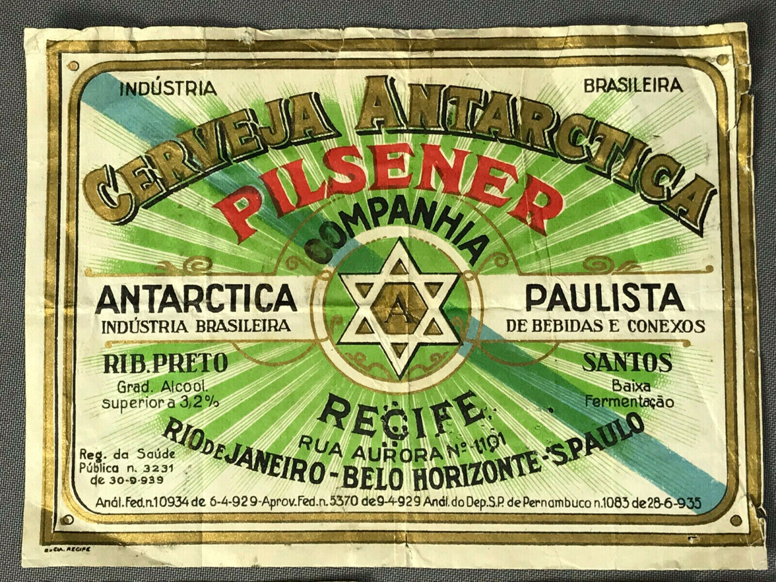 c.1950s Beer Labels RECIFE BRAZIL Mid-Century Cerveja Antarctica Pilsener