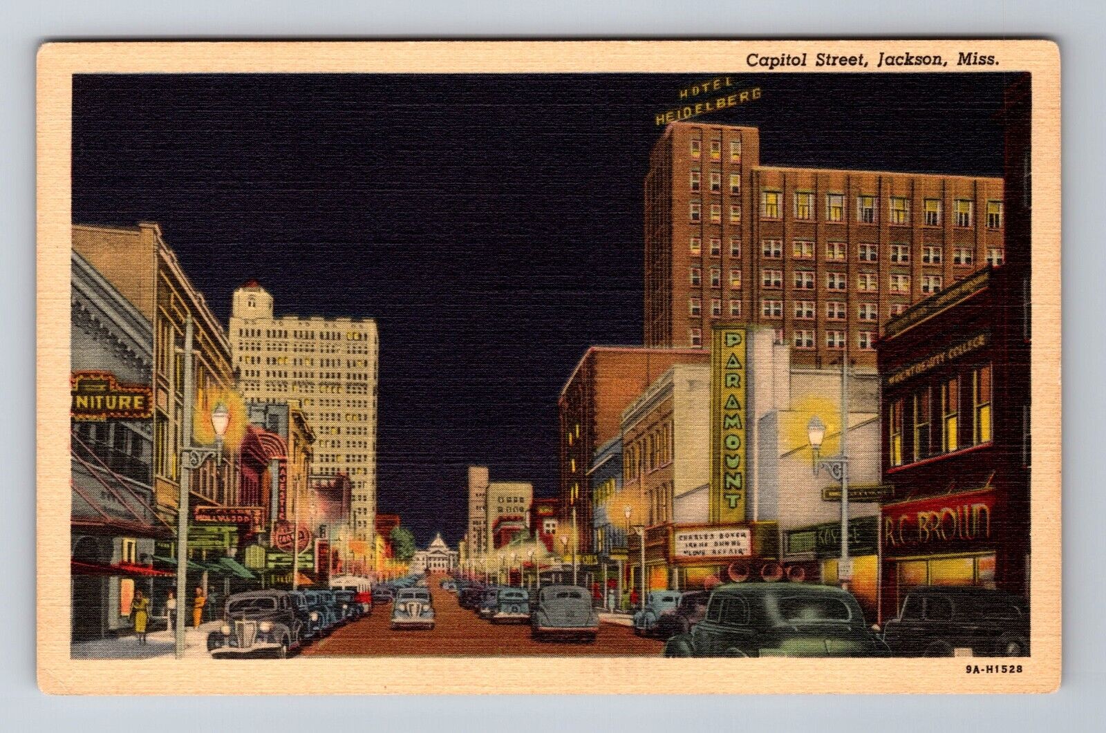 Jackson MS-Mississippi Capitol Street Paramount Theater Night 1940s Old Postcard