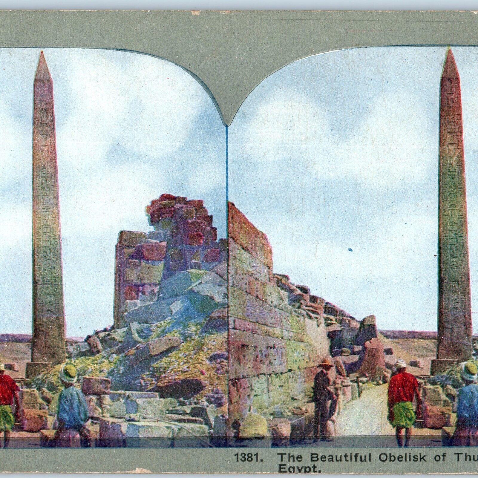 c1900s Karnak, Egypt Obelisk of Thutmosis III Litho Photo Stereo Card V7
