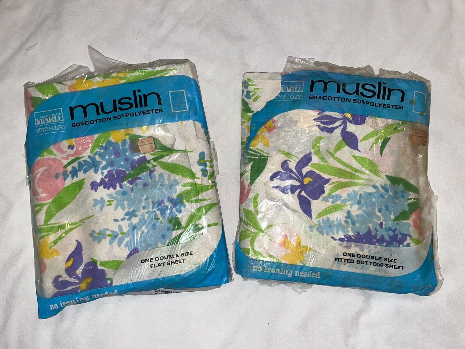 NEW  VTG Montgomery Ward Muslin Double Flat & Fitted Sheet Spring Bouquet